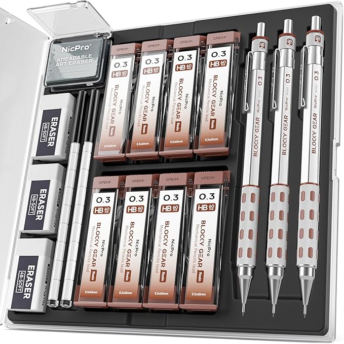 Nicpro 3 Pack Blocky Gear 0.3 mm Metal Mechanical Pencils Set with Case, Lead Drafting Pencil with 8 Tube (480PCS) Lead Refills, 4 Erasers, 18 Eraser Refills for Art Writing, Sketching Drawing