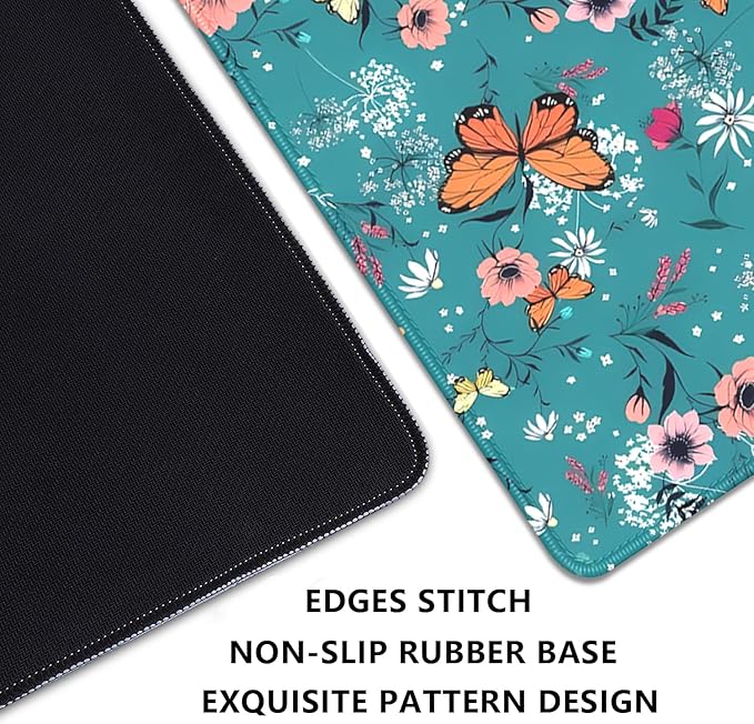Colorful Butterflies and Flowers Extended Desk Pad Mouse Pad,Stitched Edges Non-Slip Rubber Base XL Mouse Mat Desk Mat for Office Home Work Blue Mousepad(27.5X11.8 Inch)