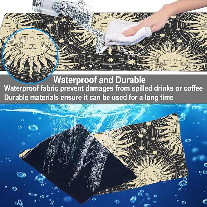 Mouse Pad, Large Golden Sun with a Face and Orbits Desk Mat, Extended Non-Slip Gaming Keyboard Mousepad Desk Pad, Thick Stitched Edges Waterproof Mouse Mat 31.5"x15.7" (Boho Pattern)