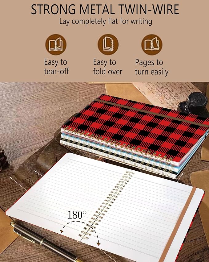 Spiral Journal Notebook, A5 Cute Notebooks for Women Men, College Ruled Hardcover Notebook for Work & Note Taking, 60 Pages Double-Wire Journals for Writing, Black Red Plaid
