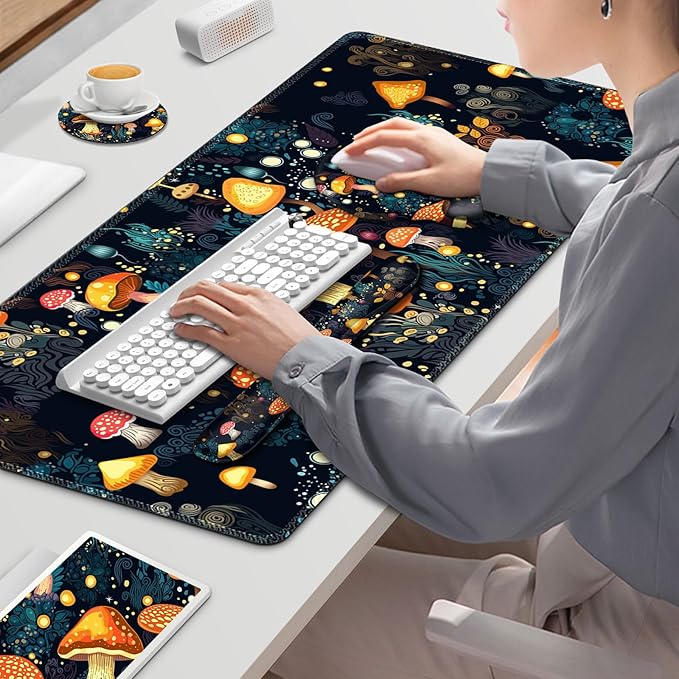 Gaming Mouse Pad, Large Desk Mat, Cute Desk Pad Protector, 4in1 XXL Mousepad + Keyboard Wrist Rest+Mouse Wrist Rest+Coaster Set with Ergonomic Desk Pad for Home Office Table Computer, Lovely Mushroom