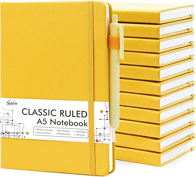 12 Pack Notebooks Journals Bulk with 12 Black Pens, Feela A5 Hardcover Notebook Classic Ruled Journal Set with Pen Holder for School Business Work Travel Writing, 120 GSM, 5.1”x8.3”, Yellow