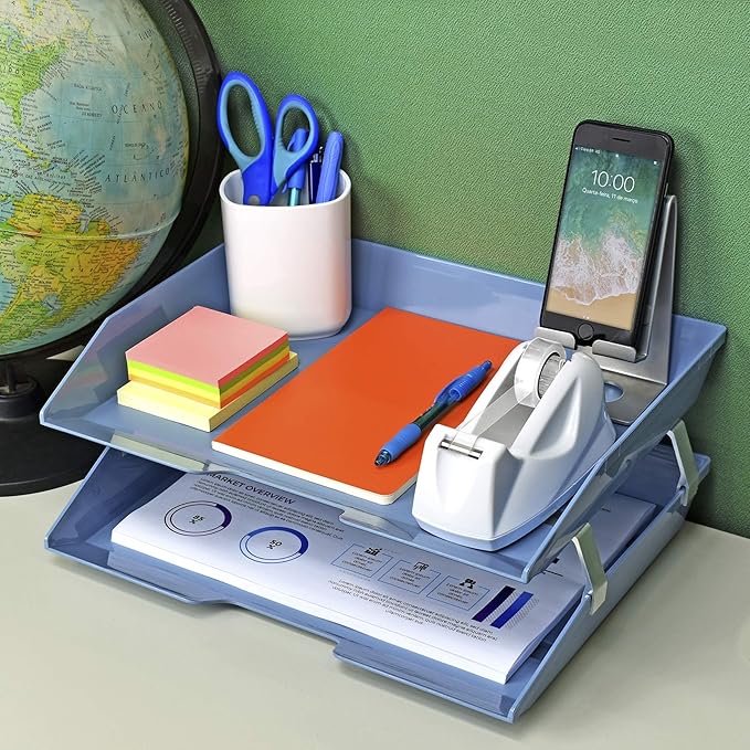 Acrimet Facility 2 Tier Letter Tray, Side Load, Letter Size/A4, Desktop File Organizer, Plastic (Solid Blue Color)