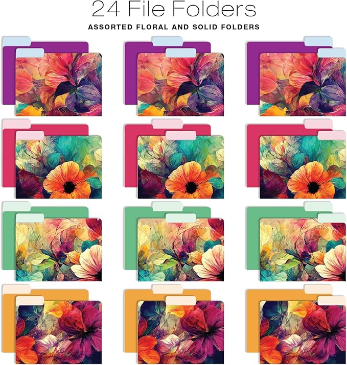 Global Printed Products Deluxe Designer Hanging File Folder Kit, Includes Metal Hanging Basket, 12 Hanging Folders, 24 File Folders, 1/3 Cut Tab, Assorted Positions, Letter Size (Abstract Floral)