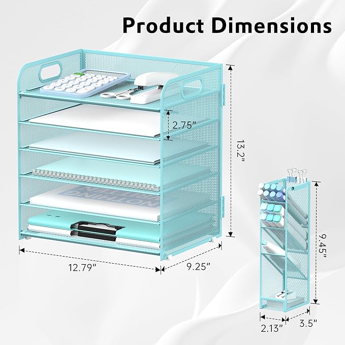 SUPEASY 6 Tier Paper Organizer with 4 Pen Holders, Mesh Letter Tray with Handle, A4 File Organizer, Blue