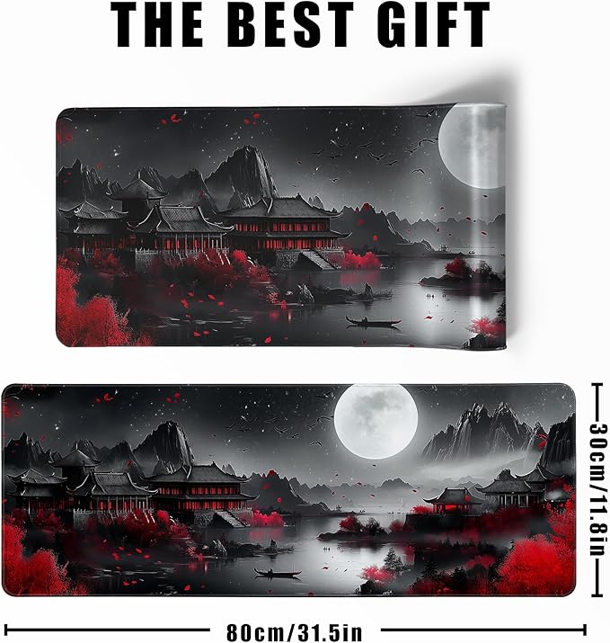 Japanese Desk Mat Riverside Full Moon Large Mouse Pad Gaming Mousepad Extended XL Keyboard Mat Computer Laptop Mouse Desktop Mat 31.5 X 11.8 Desk Decor