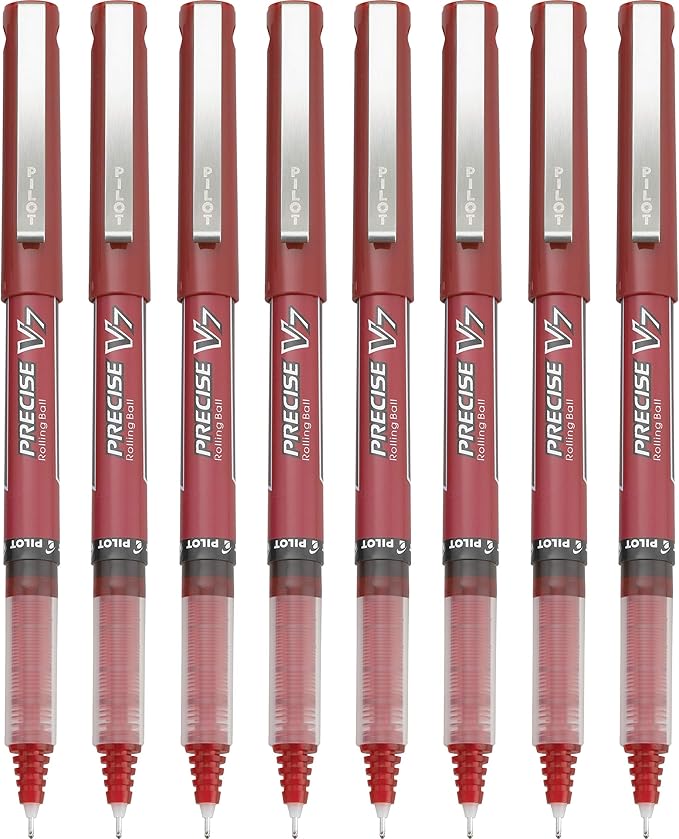 Pilot, Precise V7, Capped Liquid Ink Rollerball Pens, Fine Point 0.7 mm, Red Ink Pens, Pack of 8 - Ideal for School, Journaling & Office Writing