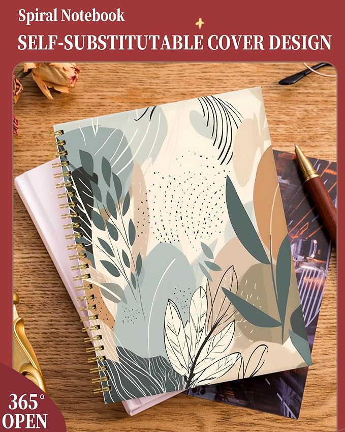 Spiral Journal Notebook for Women,A5 College Ruled Notebooks 6"x 8.4", 120 Pages Lined Journal with Premium Thick Paper,Perfect for School Office Home Gifts(Desert Leaf)