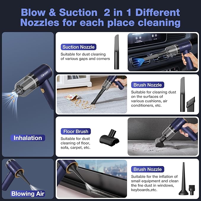 Cimesen Car Vacuum Portable 4 in 1 Vacuum Cleaner 12000Pa Mini Handheld Vacuum Cordless Rechargeable 120W High Power Vacuum Cleaner & Air Duster Multi-Nozzles for Car Home Office Pet