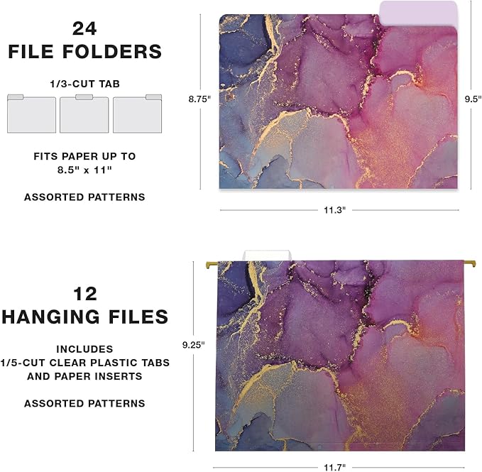 Global Printed Products Deluxe Designer Hanging File Folder Kit, Includes Metal Hanging Basket, 12 Hanging Folders, 24 File Folders, 1/3 Cut Tab, Assorted Positions, Letter Size (Marble)