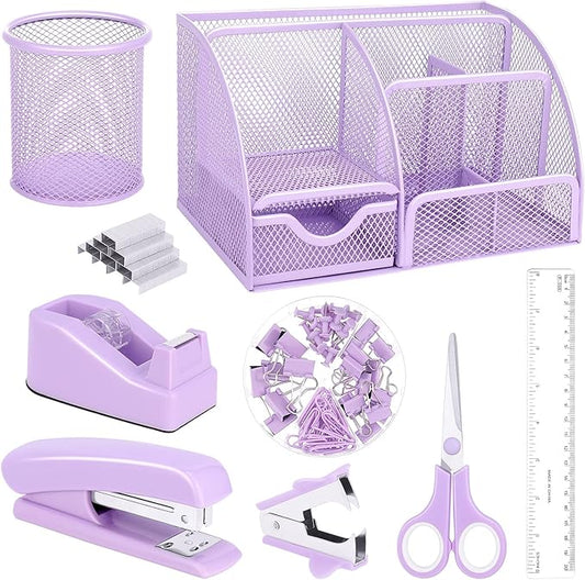 Purple Mesh Desk Organizer and Accessories, Purple Office Supplies 7 Compartments Desk Organizer with Stapler,Tape Dispenser,1000 Staples,Pen Holder,Staple Remover,Clips,Ruler,Scissors