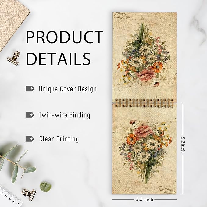 Vintage Floral Top Spiral Notebook, Flower Journal Notebook, Floral Journal, Retro Floral Plant Notebooks for School Work, Boho Botanical Office Supplies Gifts for Women Men Christmas, 5.5x8.3In