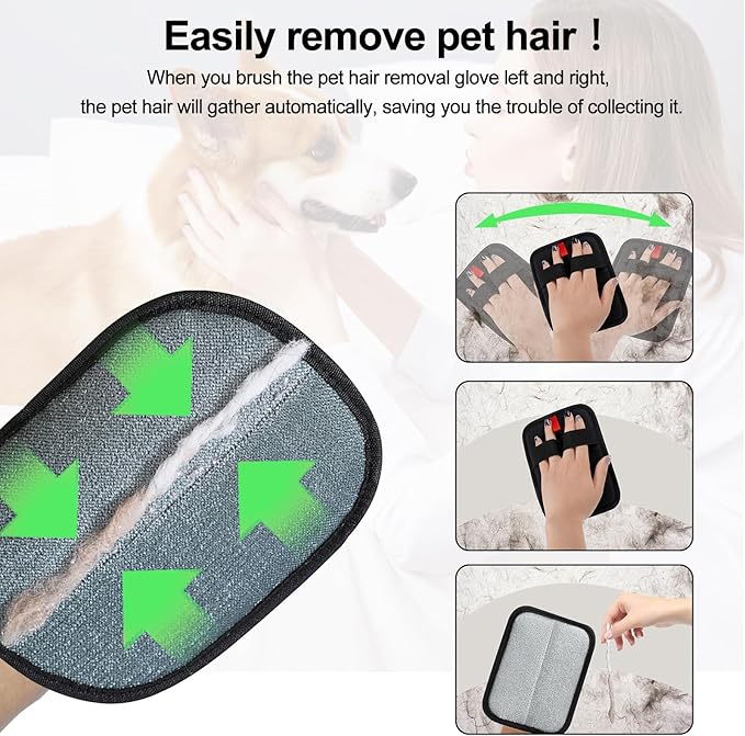QTOETUII Pet Hair Removal Glove, Magic Brush Pet Hair, Cat Comb, Washable Reusable Dogs Cats Hair Gloves for Furniture, Bed, Sheets, Couch, Clothes, Carpet, Car Seat, Pet Grooming, Curtain (2PCS)