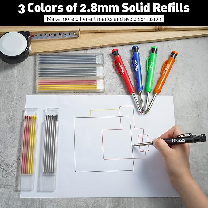 Hiboom 5 Pcs Mechanical Carpenter Pencil, 30 Pcs Refills Needle Nose Tip Hole Marker with Built in Sharpener, Scribe Making Tools for Woodworking, Design Patent(Orange, Red, Green, Blue, Black)