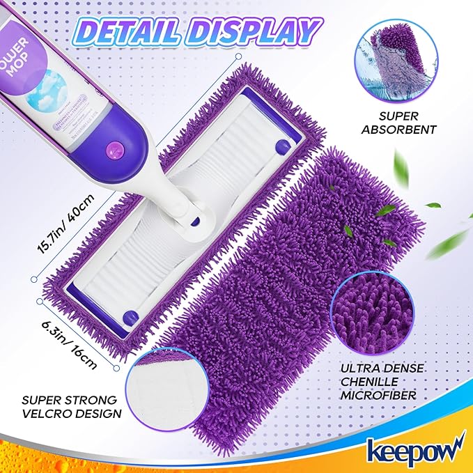 KEEPOW Reusable Power Mop Refills Pads Compatible with Swiffer PowerMop Mop - Power Mop Pads Refill - Washable Microfiber Pads for Multi-Surface Floor Cleaning, 8Pack