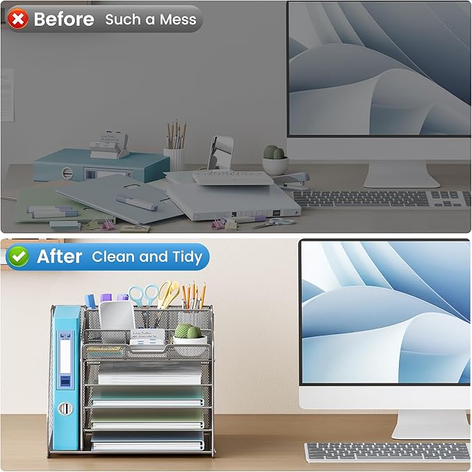 Lavatino 5-Tier Metal Mesh Desk Organizer with File Holder & 7 Customizable Compartments | Paper Letter Tray for Office or Home Desk Storage | Keep Workspace Supplies Neat & Organized, Silver