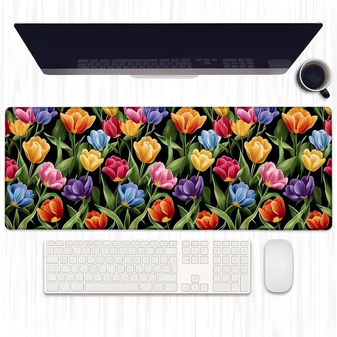 Colorful Tulip Gaming Mouse Pad, Extended Vibrant Floral Desk Mat Computer Laptop Mousepad, Robust Stitched Edges, 31.5"×11.8" Large Office Keyboard Mouse Pads for Home Desktop Decor