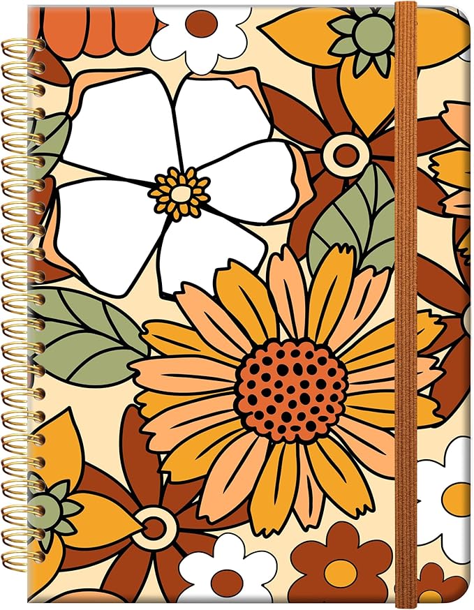 Ruled Spiral Writing Notebook,A5 Hardcover Lined College Journal for Women,Strong Twin-Wire Binding with Premium Paper,8.4" X 6",Perfect for School,Office,Home(White Orange Daisy)
