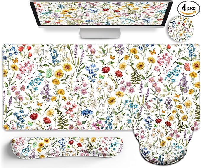 Floral Mouse Pad Set Large Desk Mat for Desktop, Ergonomic Mouse Pad with Gel Wrist Rest for Gaming, Computer Keyboard Mat Wrist Support Cup Coaster Set, Women Office Desk Accessories Decor