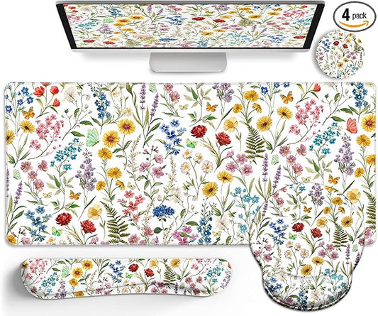Floral Mouse Pad Set Large Desk Mat for Desktop, Ergonomic Mouse Pad with Gel Wrist Rest for Gaming, Computer Keyboard Mat Wrist Support Cup Coaster Set, Women Office Desk Accessories Decor