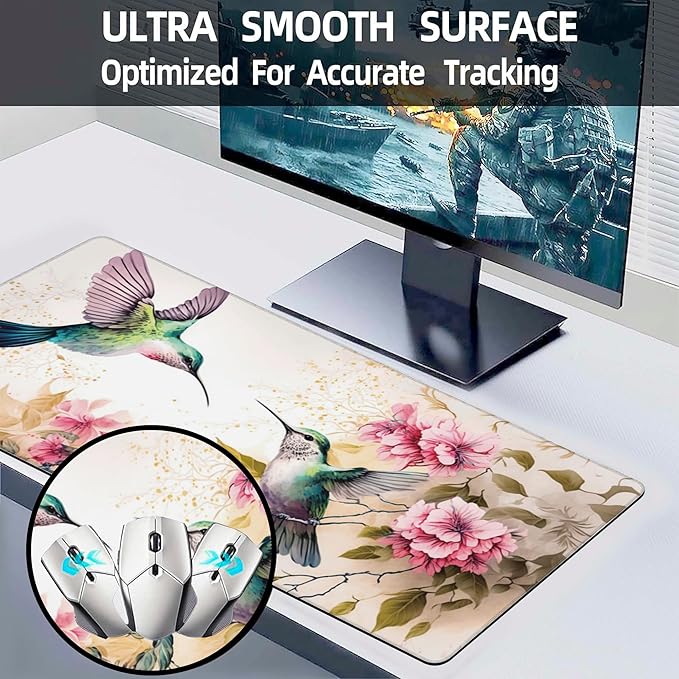 Desk Mat, Pink Flowers and Colibri Birds Extended Large Gaming Mouse Pad for Desk XXL, Non-Slip Rubber Base Stitched Edges Long Computer Keyboard Desk Pad Mouse Mat for Home Office Gaming 35.4"X15.7"