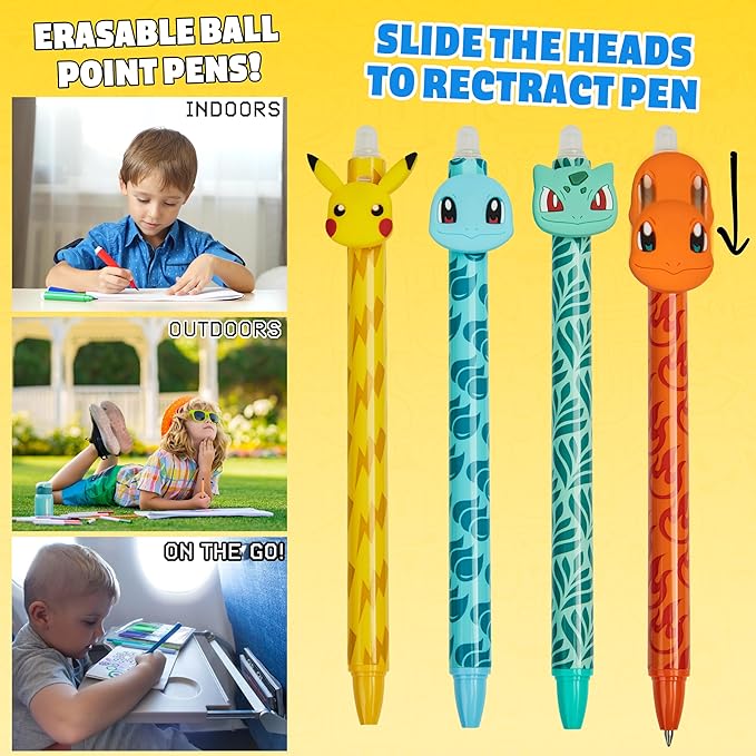 Pokemon Erasable Pens Set of 4 School Supplies Smooth Writing Retractable Pikachu Blue Gel Pens Ballpoint for Drawing Doodling Journaling Kawaii Anime Gifts
