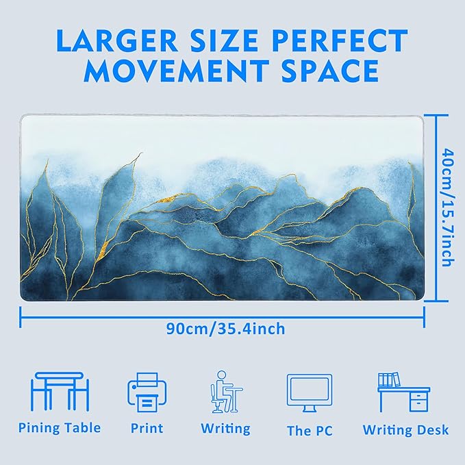 Large Mouse Pad Extended Gaming Desk Mat Abstract Blue Marble Gaming Office Home Mousepad Keyboard Mouse Mat,Non-Slip Rubber Base 35.4x15.7 Inch Mousepads