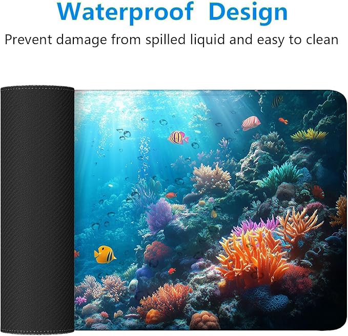 Ocean World Desk Mat Gaming Mouse Pad Sea Coral Fish Fantasy Underwater Gaming Mouse Mat with Stitched Edges,Non-Slip Waterproof Rubber Base Mouse Mat Office Computer Keyboard Laptop Home 31.5"x11.8"