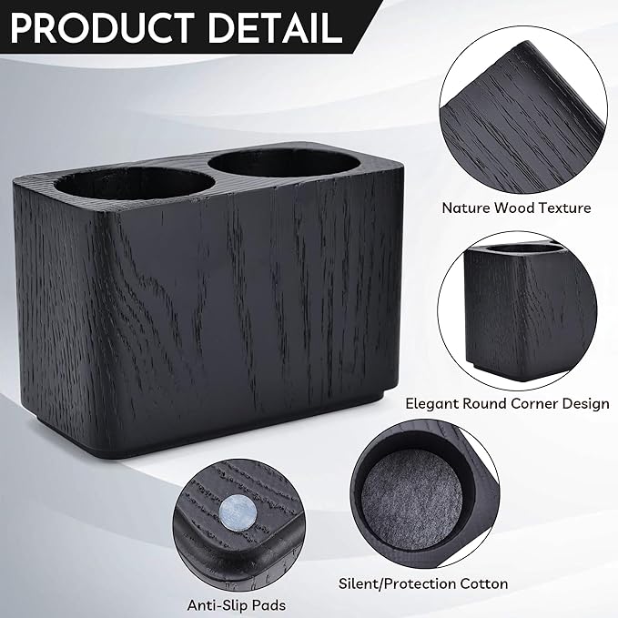 Oak Solid Wood Pen &Pencil Holder for Desk, Office Stationery Organizer, Table Pencil Cup Stand,Desk Accessories Holder, Two Cups Practical Design. (Char Black)