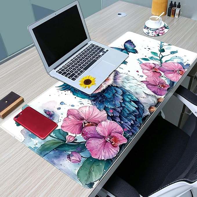 Desk Mat Large Gaming Mouse Pad (31.5x11.8 inch) with Stitched Edges, XL Mouse Pad +Coaster, Extended Mouse Mat Keybroad Mousepad Non-Slip Rubber for Gamer Men Women, Blue Owl