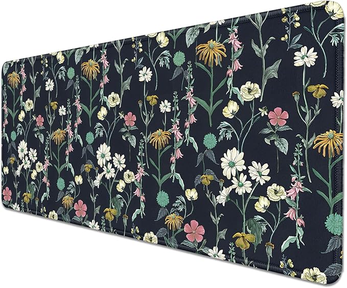 Dark Botanical Flowers Mouse Pad,Extended Black Plant Floral Mousepad Desk Pad with Stitched Edges,Non-Slip Waterproof Rubber Base Mouse Mat for Office Computer Keyboard Laptop Home(27.5x11.8 in)
