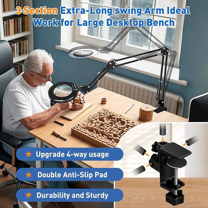 HITTI Ultra Long 12X & 30X Magnifying Glass with Light and Clamp, 5 Color Modes Steepless Dimming Desk Lamp, Swivel Arm Workbench Light, Hands Free Lighted Magnifier Stand for Craft Reading Hobby