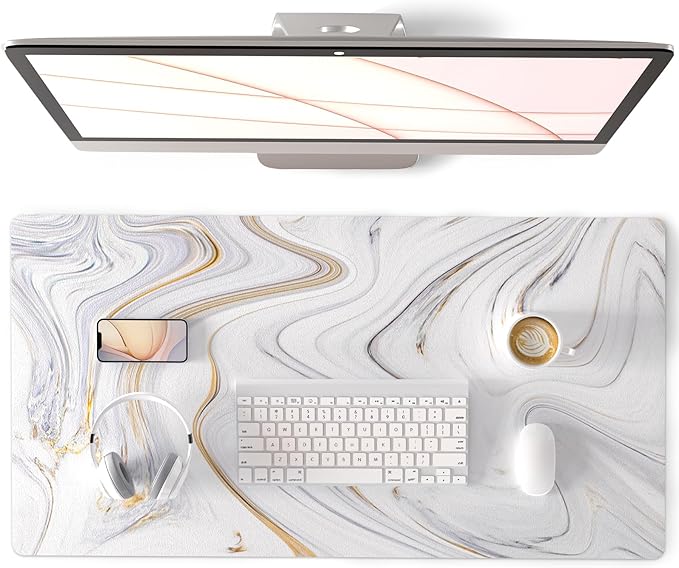 QIYI Large Mouse Pad, Cute Marble White Desk Mat, PU Leather Desk Protector Mousepad, Gold Grey Striped Waterproof Computer Keyboard Gaming Mouse Pads, Non Slip Extended Writing Pad 31.5" x 15.7"