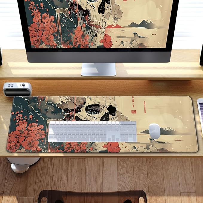 Skull Mouse Pad Japanese Ukiyo-e Mouse Pad XL Anime Big Mouse Pads for Desk Large Gaming Large Mouse Pad for Men Desk Pad with Stitched Edges Non-Slip Large Computer Mat, 31.5x11.8 in