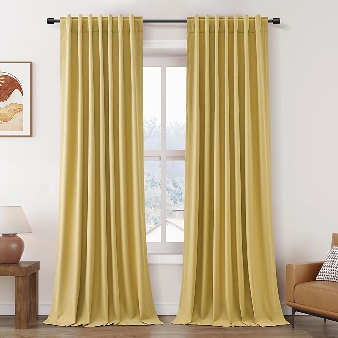 Nanspring Gold Linen Blackout Curtains 90 Inches Long Back Tab Pocket Noise Cancelling Sound Proof Total Sun Blocking 2 Panels Set for Sliding Door Modern Farmhouse Curtains Drapes 52x90