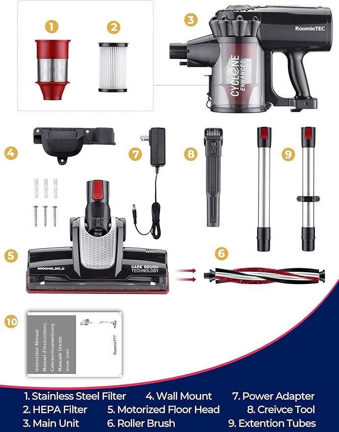 Roomie Tec StickVac Cordless Vacuum Cleaner for Home – 2200mAh Battery, High Suction Power, Lightweight & Self-Standing Design, with HEPA Filter and LED Lights - for Floors, Cars & Dorm Cleaning