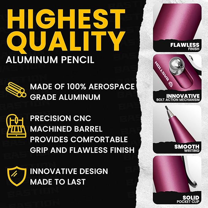 BASTION® Luxury Mechanical Pencil, Professional Lightweight Medium Point Aluminum Pencil for Birthday Gift includes 20 x 0.77mm Lead Refills - Pink