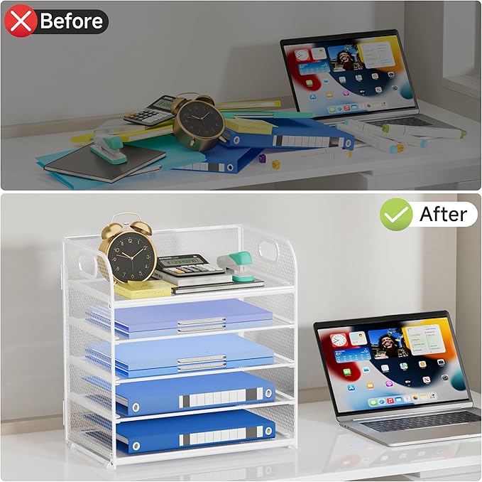 5 Tier Paper Organizer for Desk Organizer with Handle Mesh Letter Tray Organizer and Accessories Paper Sorter for Office or School-White