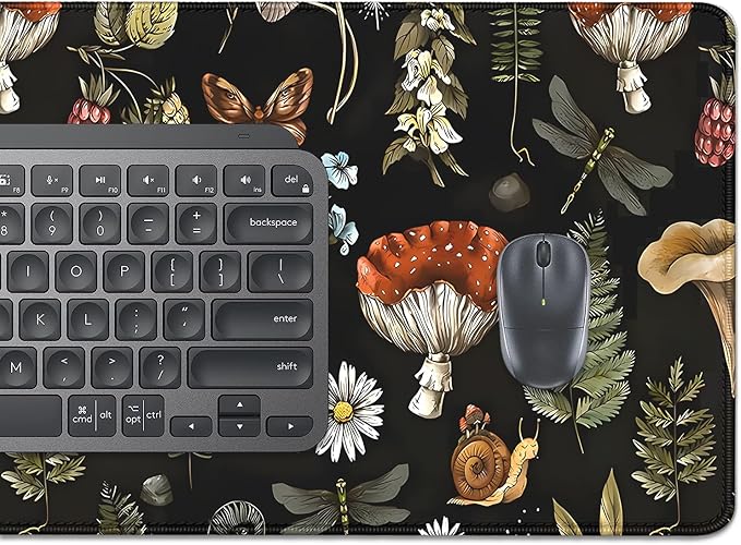 Plant Mushroom Desk Pad Mouse Pad,Large Black Aesthetic Mouse Mat with Stitched Edges,Non-Slip Rubber Base Mousepad for Office PC Keyboard Laptop and Home Work Desk Mat(27.5X11.8 in)