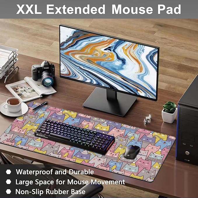 Mouse Pad, Large Cute Christmas Cats Desk Mat, Extended Non-Slip Gaming Keyboard Mousepad Desk Pad, Thick Stitched Edges Waterproof Mouse Mat 31.5"x15.7" (Cartoon Christmas Kittens)