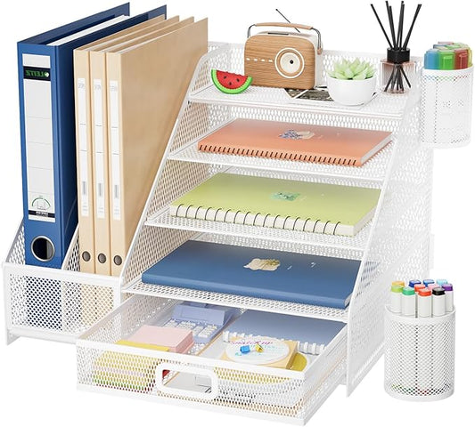 Marbrasse Desk Organizer with File Holder, 5-Tier Paper Letter Tray Organizer with Drawer and 2 Pen Holder,Mesh Desk Organizers and Accessories,Desktop Organizer and Storage for Office Supplies(White)