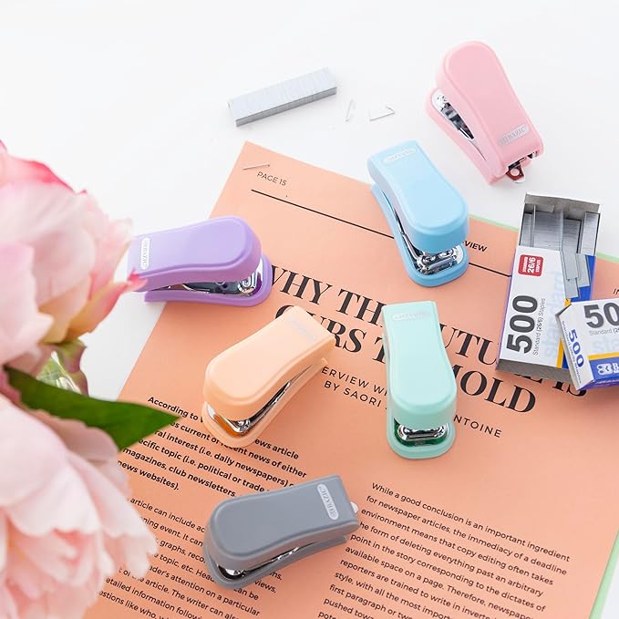 BAZIC Mini Stapler w/ 500 Staples, Standard (26/6) Pastel Color, Built-in Staple Remover, Portable Small Staplers, 4-Pack