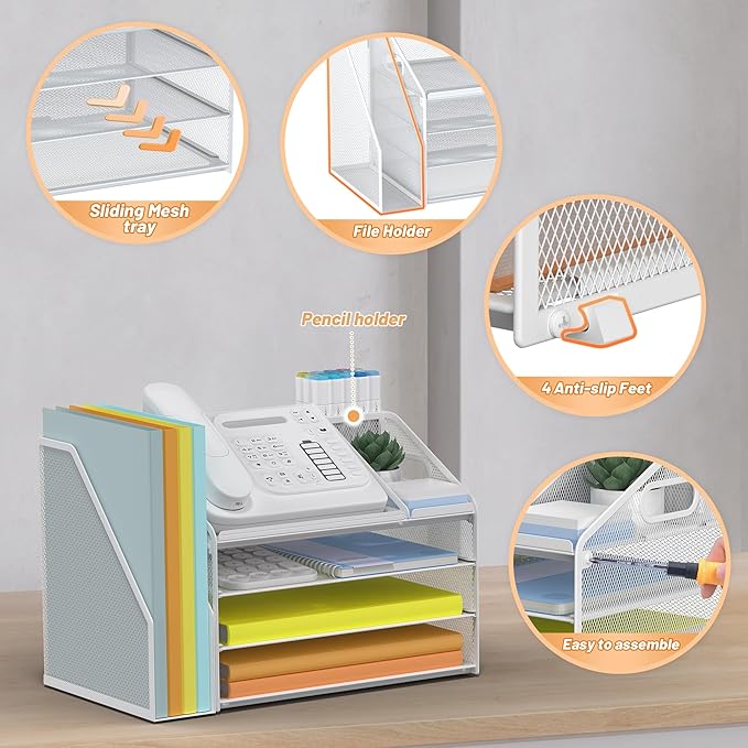 DocNest 4 Tier Paper Letter Tray File Organizer, Mesh Desk File with Handle, Workspace Desk Organizers with Pen Holder, Office Organization Storage Accessories - White