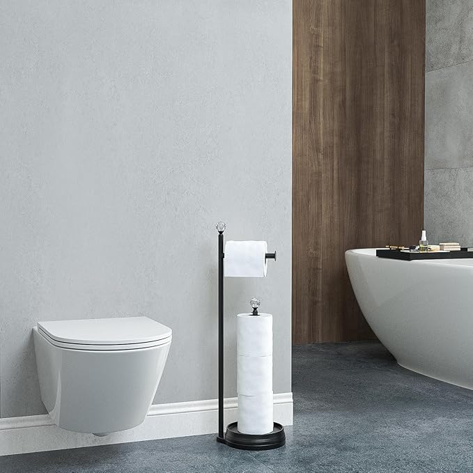 KASUNTO Toilet Paper Holder for Bathroom, Heavy Weighted Metal Free Standing Toilet Paper Holder Stand with Crystal Ball, Toilet Paper Roll Stand for Bathroom Accessories (Matte Black)