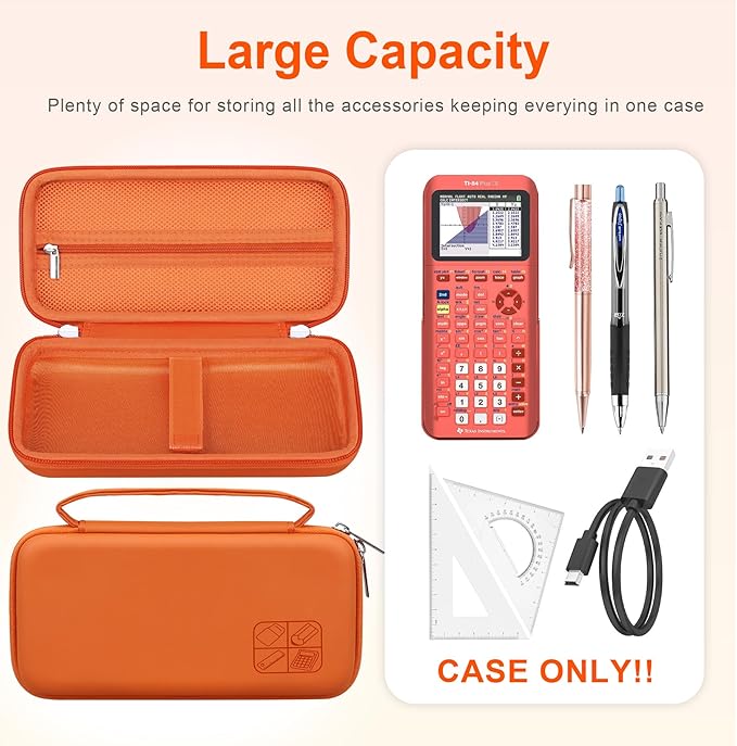 BOVKE Hard Travel Case for Texas Instruments TI-84 Plus CE/TI-84 Plus/TI-83 Plus CE/TI-83 Plus/Casio fx-9750GIII Graphing Calculator, Mesh Pocket for USB Cables, Manual, Pens, Accessories, Orange