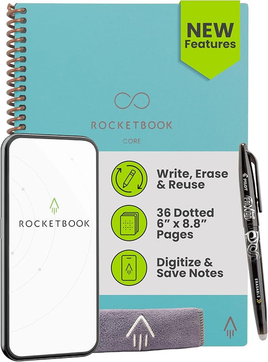 Rocketbook New Core Reusable Spiral Notebook, Executive Size 6x8.8, Teal - Dotted Pages, App-Connected, Erasable, Durable Cover, Ideal for School, Work, and Creative Projects