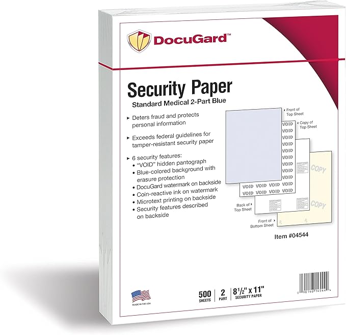 DocuGard Standard Blue/Canary 2-Part Medical Security Paper - CMS Approved for Prescription Printing & Fraud Prevention - 6 Security Features - Laser & Inkjet Printer Compatible - 250 Sheets (04544)