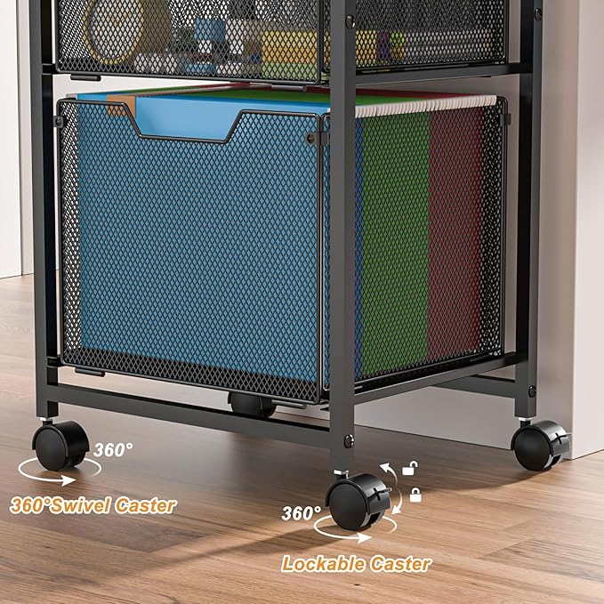 6-Tier Rolling File Cart with 2 Drawers, File Cabinet Organizer for Hanging File Folders, Letter-Size File Storage with Wheels, Multi-Layer Mobile Filing Cabinet for Office and Home