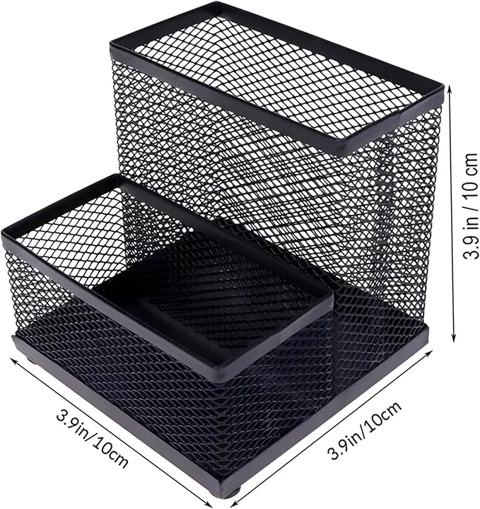 Pen and Business Card Holder for Desk | Black Mesh Desk Organizer Pencil Holder | Minimalist Desk Pencil Holder & Black Wire Desk Organizer for Tabletop | Table Top Stationary Organizer