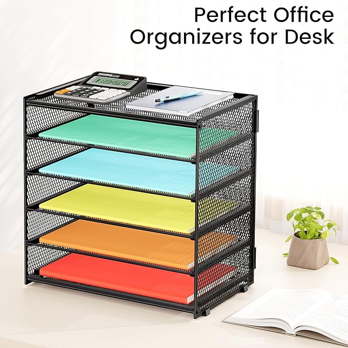 Paper Organizer Storage for Desk Accessories & Workspace Organizers 6 Tier Letter Tray Desk File Organization Metal Mesh Paper Sorter for Office-Black
